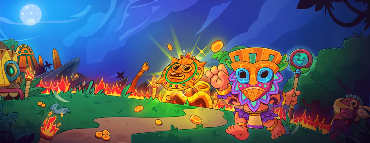 Colorful gaming scene with tribal masks, fire, and gold coins under a night sky with moon